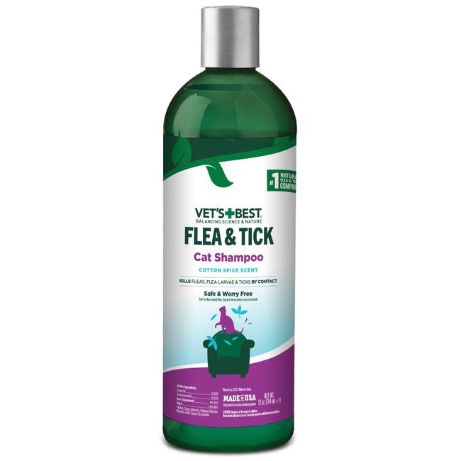 Vet's Best Flea & Tick Shampoo for Cats - Premium Flea and Tick Treatment for Cats - Plant-Based Ingredients - Certified Natural Oils - 12 oz