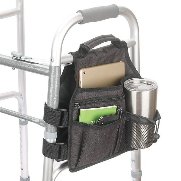 Side Walker Bags,Walker Organizer Pounch for Rollator and Folding Walkers,Walker Side Accessories for Elderly, Seniors, Handicap, Disabled (Double Sided) (Black)