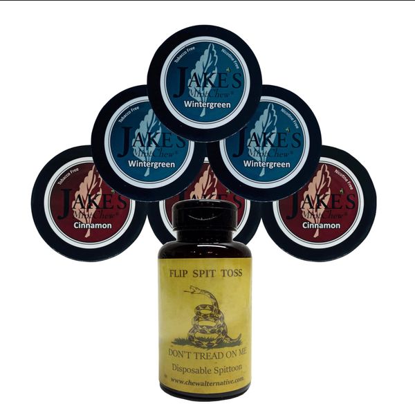 Jake's Mint Chew- Cinnamon & Wintergreen - 6 Can Sampler Pack - Includes Mud Bud Disposable Spittoon - DTOM