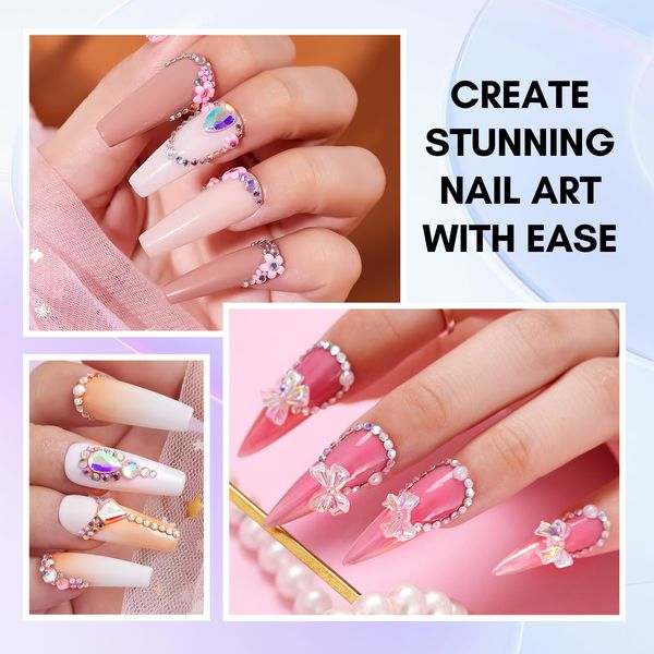 Makartt Nail Rhinestone Glue Gel Kit, Adhesive Nail Gel with Dual-End Nail Brush Nail Crystal Rhinestone Tweezer, 3D Nail Butterflies Flowers Pearls, Nail Glue Gel Kit DIY Manicure Tool