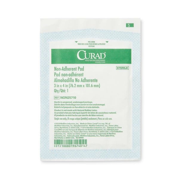 Medline Curad Cotton/Polyester Sterile Nonadherent Pad, Soft, Perforated, Absorbent, 3" Width, 4" Length