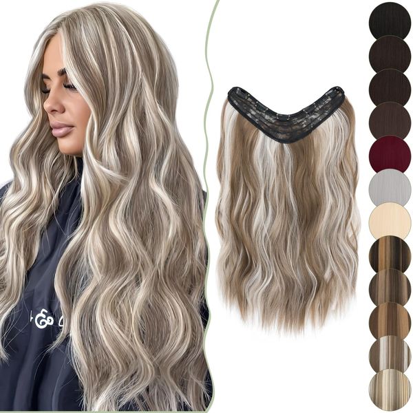 SEGO 18 Inch One Piece Clip in Hair Extensions U-Shaped Long Wavy Synthetic Curly One Piece Hairpieces With 5 Secure Clips, Dark Blonde Mix Ash Blonde