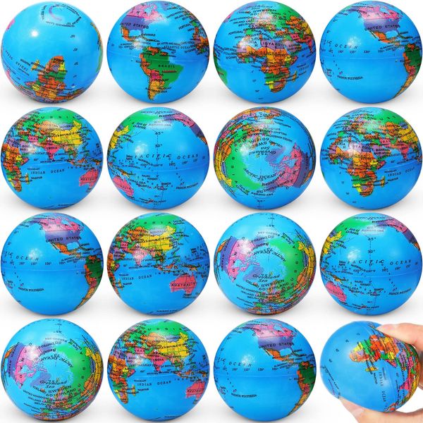 60 Pack Mini Earth Stress Balls 2.5 Inch PU Globe Squeezable Balls Educational Foam Squeezable Balls for Finger Exercise School Classroom Party Favors Stress Relief Toys