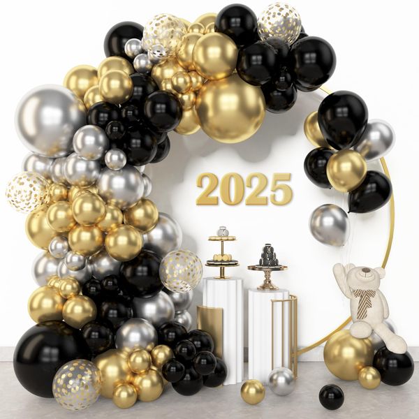 Amandir 153pcs Black and Gold Balloons Arch Garland Kit Different Sizes 18 12 10 5inch Silver Latex Metallic Confetti Balloons for Happy New Years Decorations 2025 Birthday New Year Eve Party Supplies