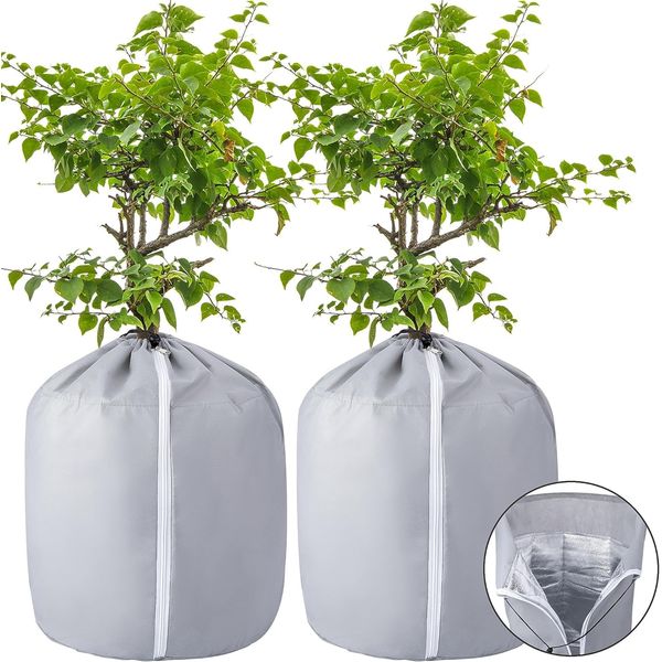 GIONAR 2PCS Plant Winter Protection Pot -50x45cm Flower Pot Protection Bag - Anti-Frost Winter Pot Plant Cover with Drawstring and Zipper for Winter Outdoor Fruit Trees Potted Plants Shrubs