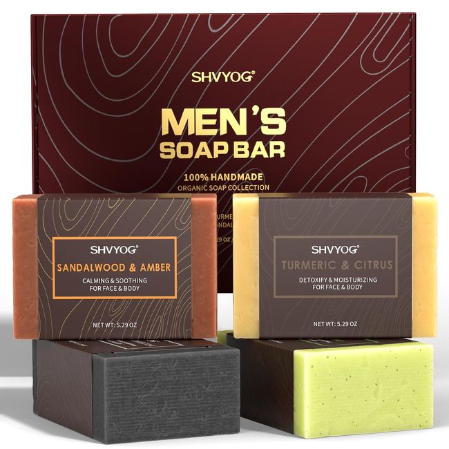 SHVYOG 4 Pcs Mens Soap, Mens Bar Soap, Natural Soap for Men, Cold Pressed Handmade Exfoliating Soap, Deep Cleansing, Moisturizing Bar Soap for Body & Face - Sandalwood Amber, Mint, Charcoal, Turmeric