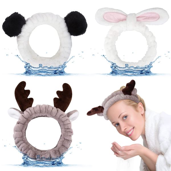 3 Stück Haarband Schminken, FUKPO Haarband Kosmetik Geweih Bunny Hasenohren Panda Haarbänder Damen Frauen Mädchen Abschmink Stirnband, Elastische Make Up Haarband Spa Dusche Gesicht Waschen Yoga