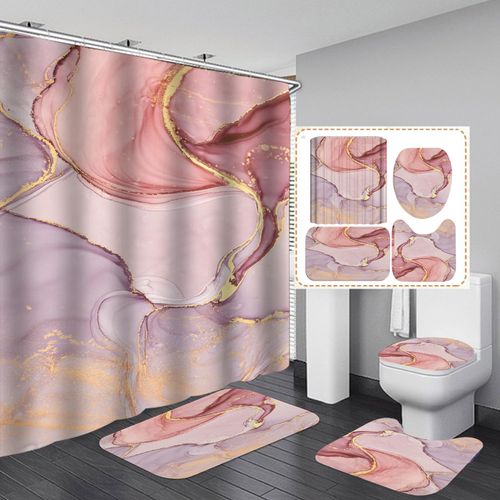 4PCS Bathroom Shower Curtain Sets, Bathroom Curtains Shower Set Include Waterproof Shower Curtain Non-Slip Rug Toilet Lid Cover Bath Mat and 12 Hooks