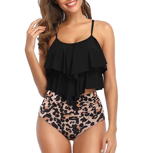 FLYILY Damen Zweiteiler Badeanzug mit High Waist Shorts Tankini Sets mit Doppel-Rüschen(2-BlackLeopard,M)