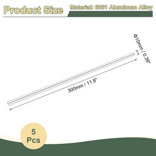 uxcell 2Pcs 0.39"(10mm) Dia Round Aluminum Rods, 11.8"(300mm) Long 6061 Aluminum Round Rod Solid Lathe Bar Stock for Industry Construction DIY Crafts, Silver