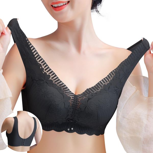 Tophana Wireless Bra, Bra (Supervised by Bust Salon, Stability at the Center, Lace Embroidery) High Armpit Design, Beautiful Back, Stretchy, Skin-friendly, Night Bra, Sports Bra, Yoga Bra, Sports, Postpartum, Black