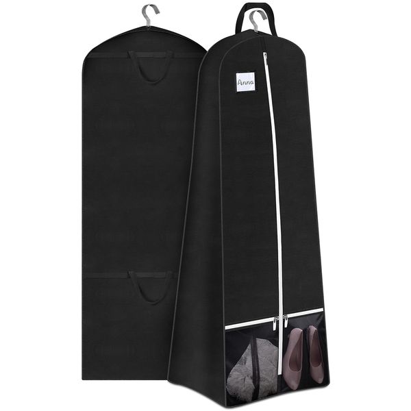 SLEEPING LAMB 72'' Bridal Wedding Gown Dress Garment Bag 15'' Gusseted Garment Cover Shoe Pockets Travel Garment Storage Bag for Prom, Evening Gowns, Black