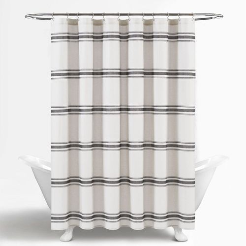 Lush Decor Farmhouse Stripe Cotton Shower Curtain, 72" W x 72" L, Black - Classic Modern Rustic Charm Bathroom Decor