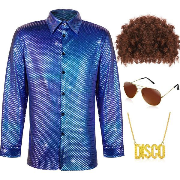 Sintege Mens 70s 80s Disco Costume Set Disco Shiny Shirts Luxury Sequins Long Sleeve Shirts for Halloween Mardi Gras Party(Men-l,Gradient Purple)