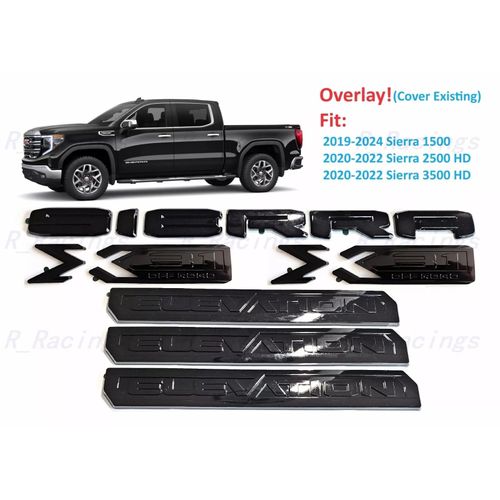6Pc Elevation Sierra Bed X31 Emblem Door Tailgate 3DBadge Nameplate Replacement for 2019-2023 Gen Sierra 1500 (Overlay Emblem Gloss Black)