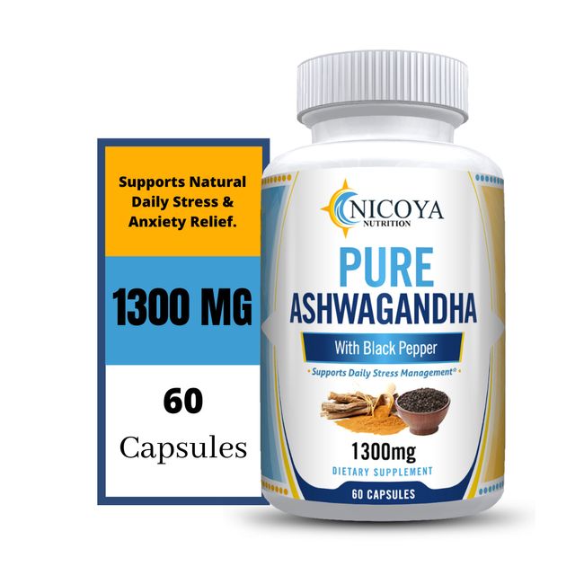 Organic Ashwagandha Capsules 1300 mg Daily Stress, Mood, Brain Booster