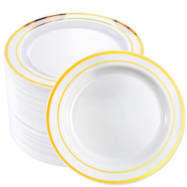 BUCLA 100Pieces Gold Rim Plastic Plates-7.5inch Gold Disposable Salad/Dessert Plates-Ideal for Weddings& Parties