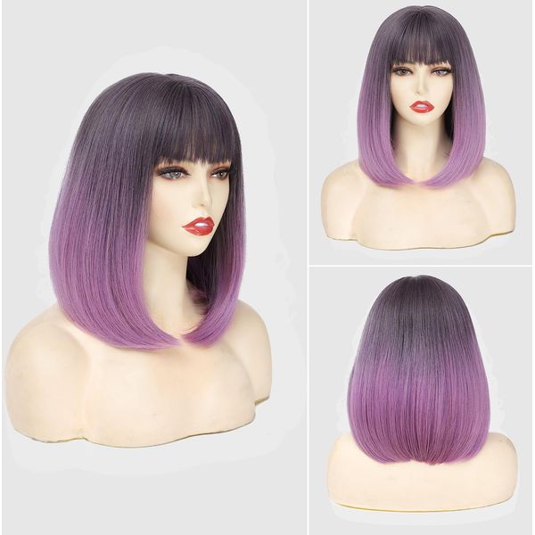 LOVENIA Yaki Straight Bob Wig 14" Short Purple Wig for Women Short Ombre Purple Wig Synthetic Wig Middle Part Wig with Bangs for Girls Medium Length Wig Shake and Go Wig(Purple)