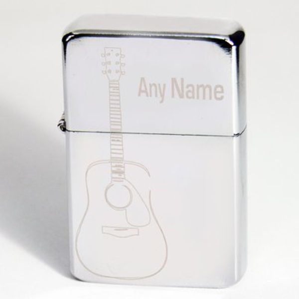 Custom Personalised Guitar Motif Silver Lighter. Laser Engraved with a Name.