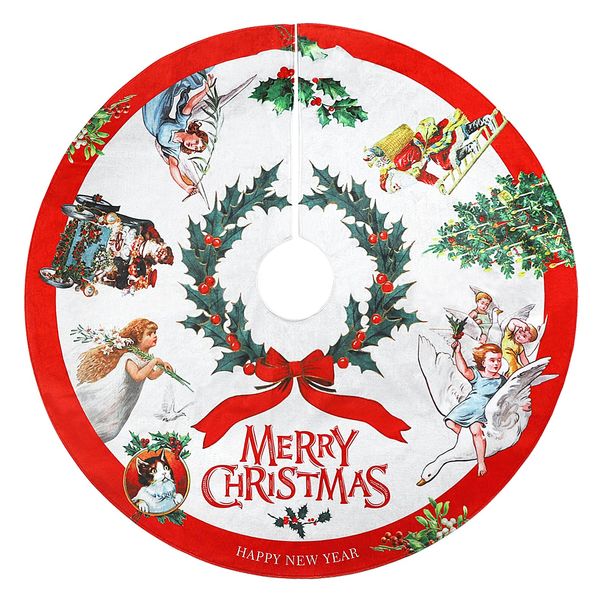 MACTING Christmas Tree Skirt, 30 Inch Angel Child Santa Claus Holly Berry Cat Tree Foot Base Cover Xmas Tree Skirt for Christmas Decoration, Xmas Home Party Indoor Decor