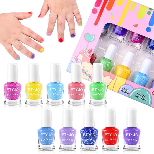 ETYJO Kids Nail Polish Sets For Girls 10 Colours Kids Nail Polish,Quick Drying-Non Toxic Nail Polish For Kids,Water Based Peel-Off Childrens Nail Varnish Nail Art Perfect for Birthday Present