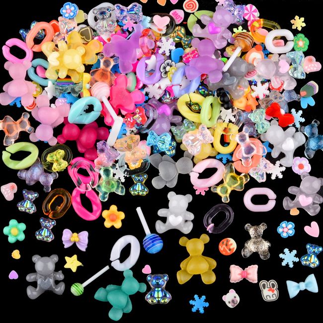 Kikonoke 100 Pieces 3D Resin Gummy Bear Nail Charms Mixed Set Cute Bow Candy Flowers Nail Art Clasps with Snowflake Heart Star Slice for DIY Manicure Tips Decor