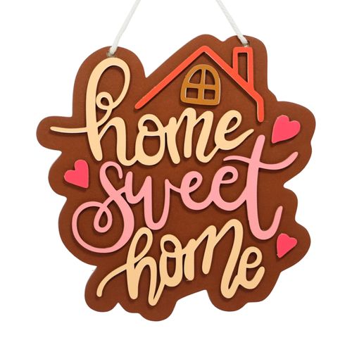 Home Sweet Home Wall Decor Sign, Brown and Pink, Decorative House Plaque with Hearts