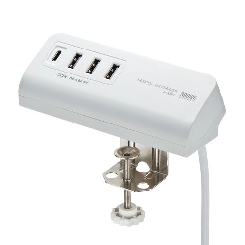 Sanwa Supply ACA-IP51W Clamp-on USB Charger (1 Type-C Port + 3 USB A Ports), White