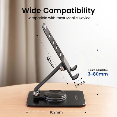 MOCOLL Metal Cell Phone Stand for Desk,360 Rotating,Fully Adjustable Foldable,Non-Slip Stable Base,Compatible with All Phones, Nintendo Switch, Black
