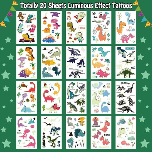 Leesgel 20 Sheets Luminous Dinosaur Stickers Tattoos for Kids, Glow Dinosaur Birthday Decorations Supplies, Dinosaur Party Bags Fillers for Kids Birthday Party Games Prizes Toys