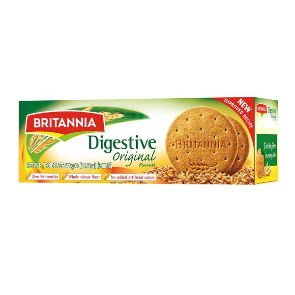 BRITANNIA Digestive Original Biscuits 14.11oz (400g) - Whole Wheat Flavor Cookies - Breakfast & Tea Time Healthy Snacks (Pack of 1)