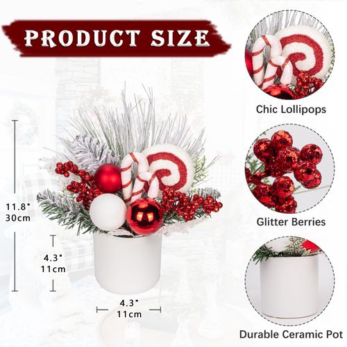 Hollyone Small Christmas Tree Tabletop 12” Fake Christmas Potted Plant with Christmas Ball Candy Canes Ornaments Red Berry Decor Christmas Centerpieces for Table Home Office Arrangement Decor Indoor