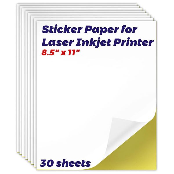 HABGP Sticker Printer Paper, Matte Sticker Paper Printable for Laser Inkjet Printer, Full Sheet Large Vinyl Sticker Label for Shipping, Mailing, Business, White (8.5" X 11", 30 Sheets)