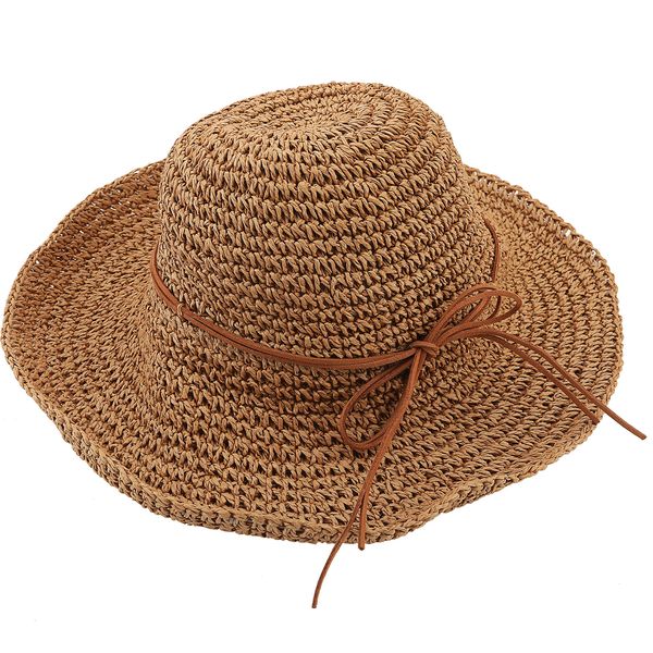 Urban CoCo Women's Wide Brim Caps Foldable Summer Beach Sun Straw Hats (Light Coffee)