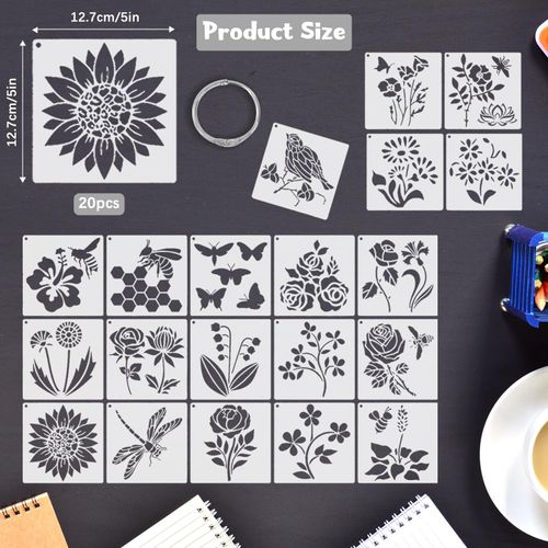 20 Pieces Stencils for Painting Flower Stencil Reusable Stencils Nature Painting Stencils with Flowers Plants Butterflies Bees Painting Stencils for Crafts DIY Wall Décor