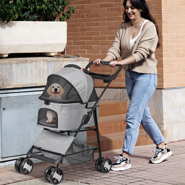 Dog Stroller Pet Stroller Detachable Cat Carrier Cart Rear Brake Storage Basket