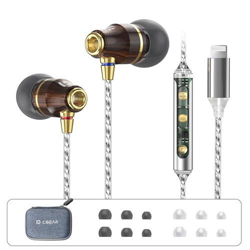 EZ EAR KBEAR Wooden Light-ning Earbuds, A-pple Earbuds for iPhone wtih Connector, [MFi Certified] Headphones for iPhone with Microphone Controller, Compatible All A-pple Light-ning Devices, Brown
