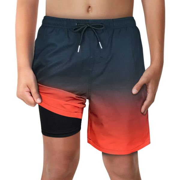 Boys Black Red Ombre Swim Trunks with Boxer Brief Liner Anti Chafe No Binding Swimming Shorts Compression Lined 4-Way Stretchy UPF Quick Dry Bathing Suit Size 14-16