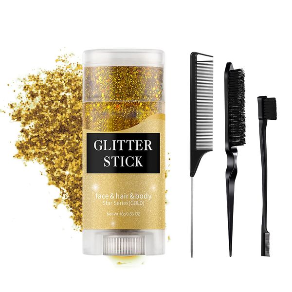 Sparkling Glitter Stick, Sweatproof Gold Body Glitter, Instant Adhesion Gold Face Glitter Pocekt Size Gold Hair Glitter for Kids Women 0.56 Oz.(Gold)