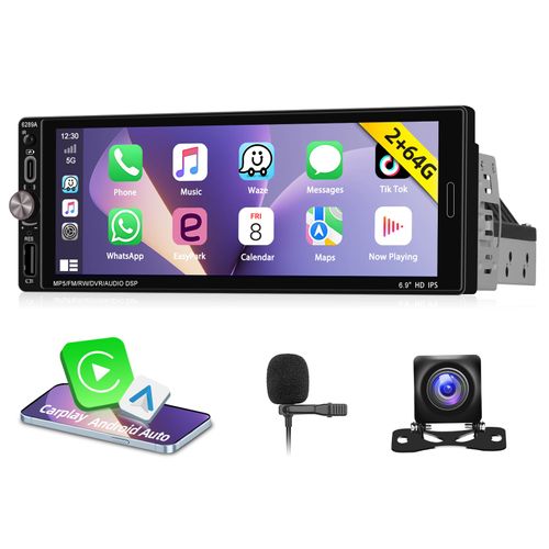 Motorsi [2+64G] 6.9 Inch Single Din Car Stereo Radio with Wireless CarPlay & Android Auto Touch Screen Bluetooth Audio with GPS Navigation Mirror Link WiFi RDS Backup Camera MIC