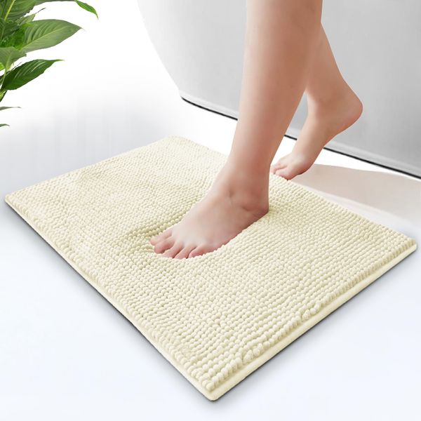 Hafaa Bath Mat Non Slip Anti Mould – Chenille Shower Mat 40 x 60 cm Cream Machine Washable Bathroom Mats Super Absorbent Extra Soft Fluffy Bathmat