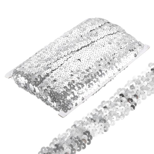 sourcing map 10 Yards 1.2 Inch Elastic Sequins Trim Stretch Flat Sequin Paillette Fabric Ribbon Trim Strip for Crafts Sewing Costume Dress, Silver