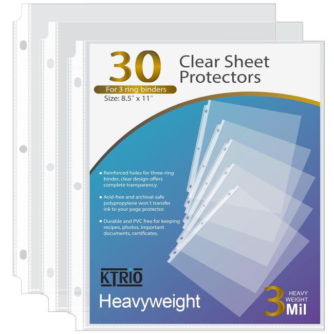 KTRIO Heavyweight Sheet Protectors 8.5 x 11 inch, 3 Mil Clear Page Protectors for 3 Ring Binder, Plastic Sleeves for Binders, Top Loading Paper Protector Letter Size, 30 Pack