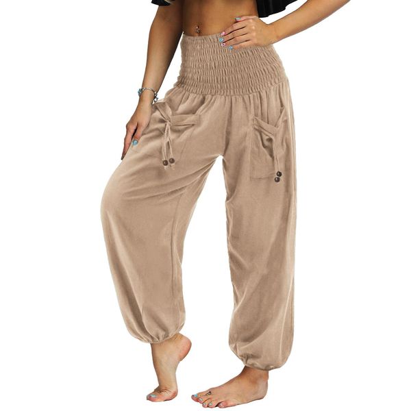 Nuofengkudu Damen Hippie High Waist Haremshose Leicht Pumphose Harem Hosen Locker Schlicht Baggy Boho Viskose Pluderhose Yoga Pants Sommerhose Freizeithose Pyjamahose Thaihose Homewear Aprikose M