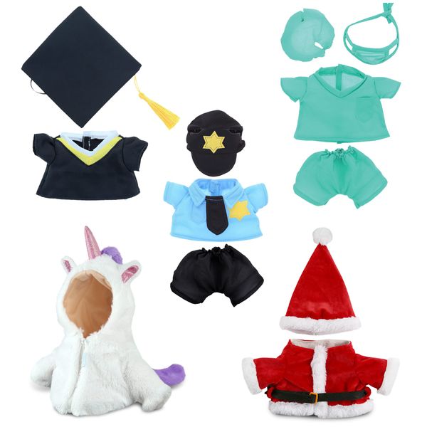 DolliBu Small Stuffed Animal Teddy Bear Clothes Set - Costume Collection of Teddy Bear Outfit for Unicorn, Santa Claus, Graduation Gown, Doctor Scrub Uniform, and Police Officer Costume - 5 Outfits