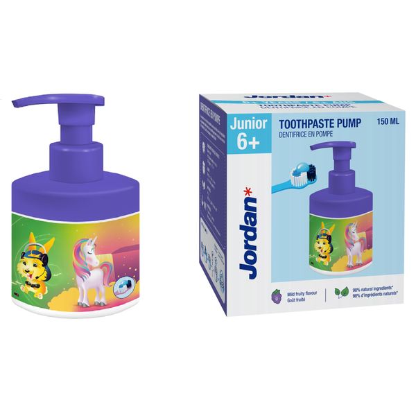 Jordan ® | Junior Toothpaste Pump | Toothpaste on a Pump Dispenser Equivalent to 3 Regular Tubes | Innovative and Convenient Solution Developed for Children | 6-12 Years | Grape | 1450ppm | 150 ml