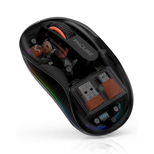 FMOUSE Novel Transparent Wireless Mouse, Tri-Mode (Dual Bluetooth+2.4GHz), USB-C Receiver Ideal for MacBook/Laptops/PC, Rechargeable, Portable, Silent, Clear Mice for Business Trips & Office - Black