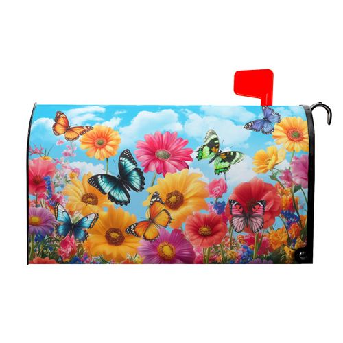 Spring Mailbox Covers Magnetic Standard Size 18x21 Inch Colorful Wildflowers Butterfly Magnetic Mailbox Cover Spring Summer Floral Mailbox Wraps Post Box Cover Decoration for Home Outdoor Outside