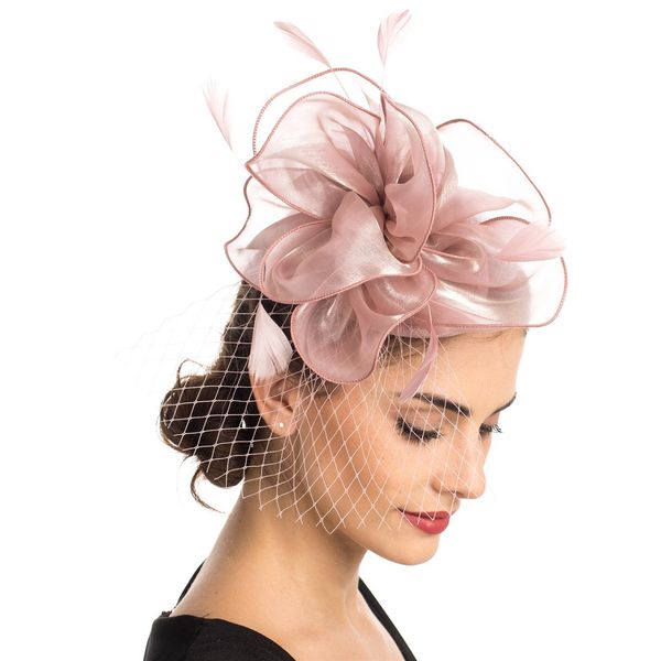 Fascinator Hat Feather Mesh Net Veil Party Hat Flower Derby Hat with Clip and Hairband for Women, Mittel, A2-Floral Mesh Pink