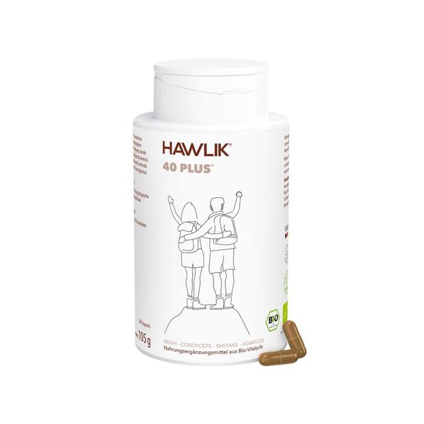 HAWLIK 40-Plus Organic Vital Mushroom Mix 240 Capsules, with Vitamin C, Combination of Reishi, Cordyceps, Shiitake, Agaricus, Natural Cultivation, Vegan